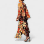 Boho-Maxikleid mit Halterneck, buntes Ikatmuster, ausgestellter Saum, drapierte Ärmel