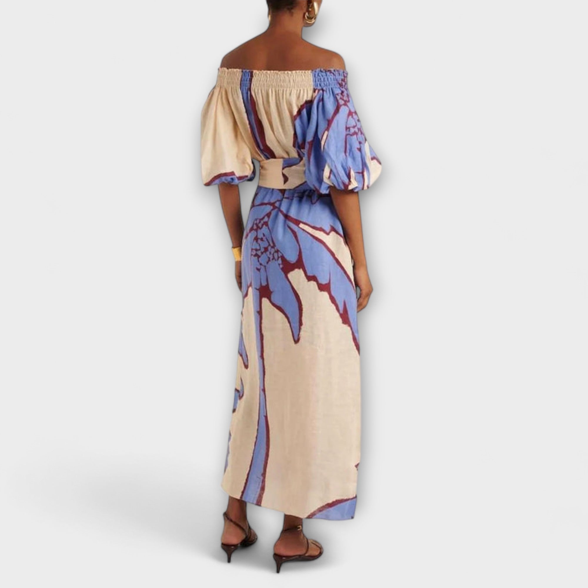 Maxikleid mit breitem Schulterbund, Bindegürtel und abstraktem Beige-Blau-Rot-Print