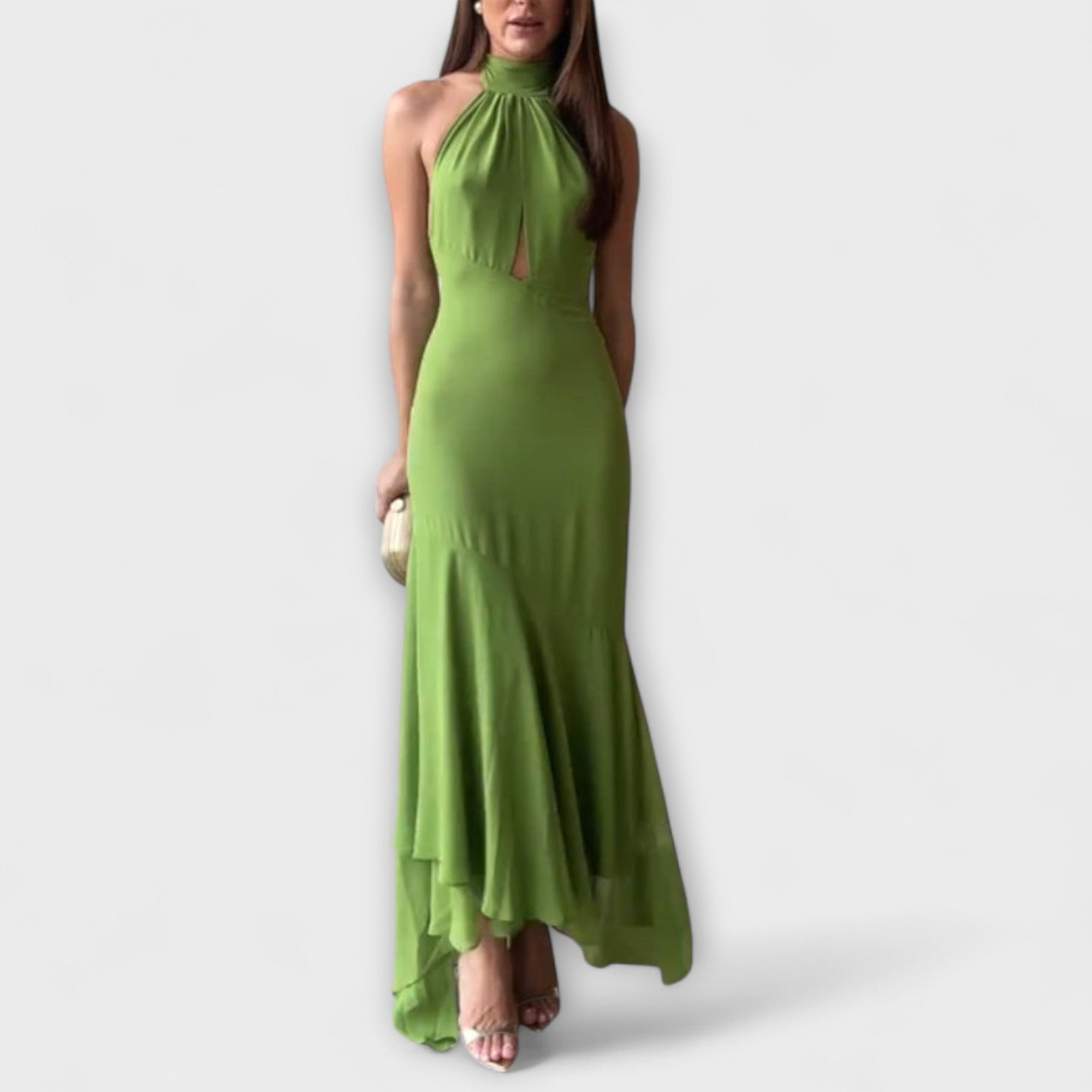 Asymmetrisches Maxikleid in Grasgrün mit High-Neck und ärmellosem Schnitt