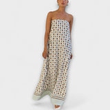 Off-Shoulder Maxi-Kleid mit geometrischem Muster in Beige und Blau, Saum mit Bordüre