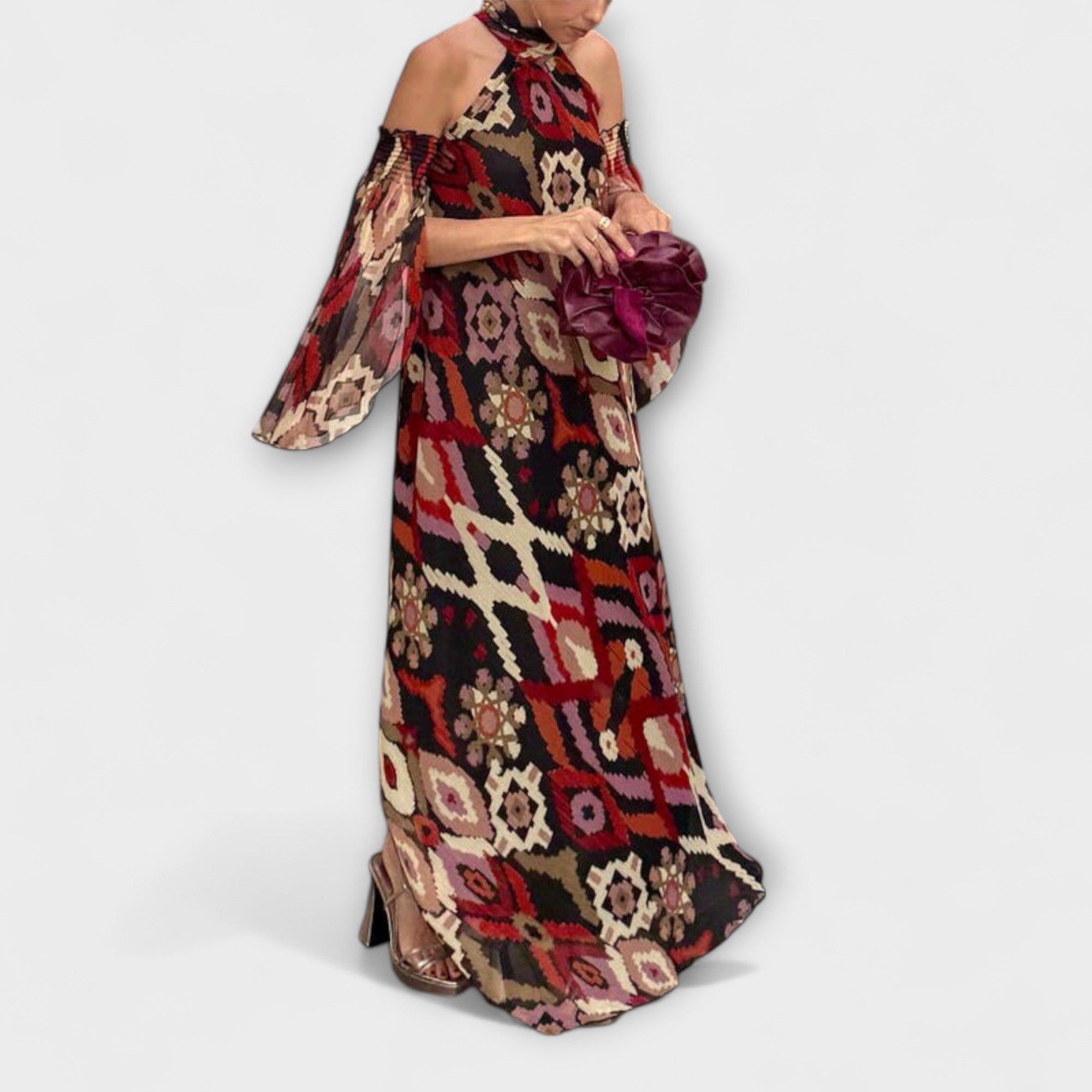 Boho-Maxikleid mit Halterneck, buntes Ikatmuster, Drapierärmel, Knotendetail