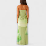 Zephyra Off-Shoulder Maxikleid, Rückansicht, hellgrün mit großem Muster
