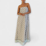 Trägerloses Maxi-Kleid mit geometrischem Muster in Beige und Blau, Bindekante an der Taille