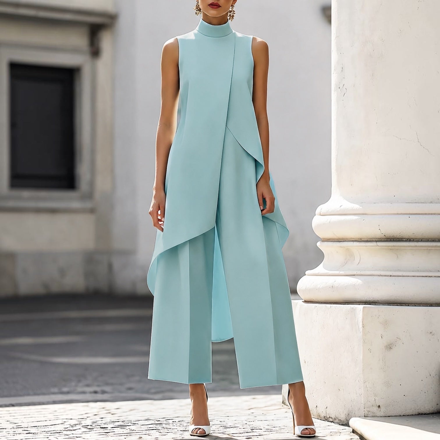 Elegantes langes Kleid in Himmelblau mit hohem Kragen, ärmellos, asymmetrisch drapiert