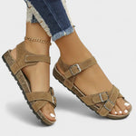 Braune Ledersandalen mit mehreren Riemen und Schnallen, offene Zehen