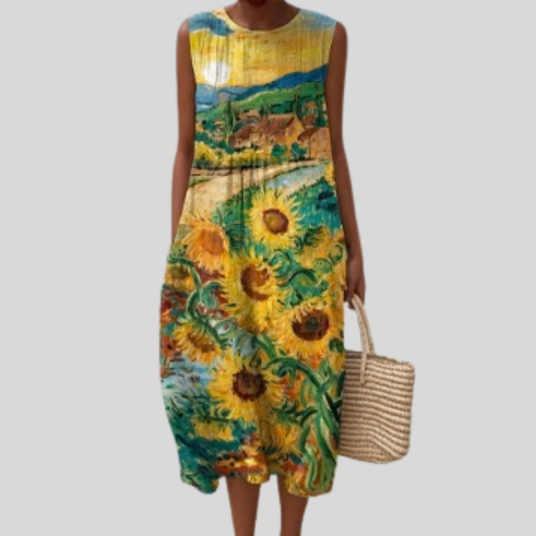 Ärmelloses Kleid mit buntem Sonnenblumen-Print, ärmellos, knielang, locker fallend
