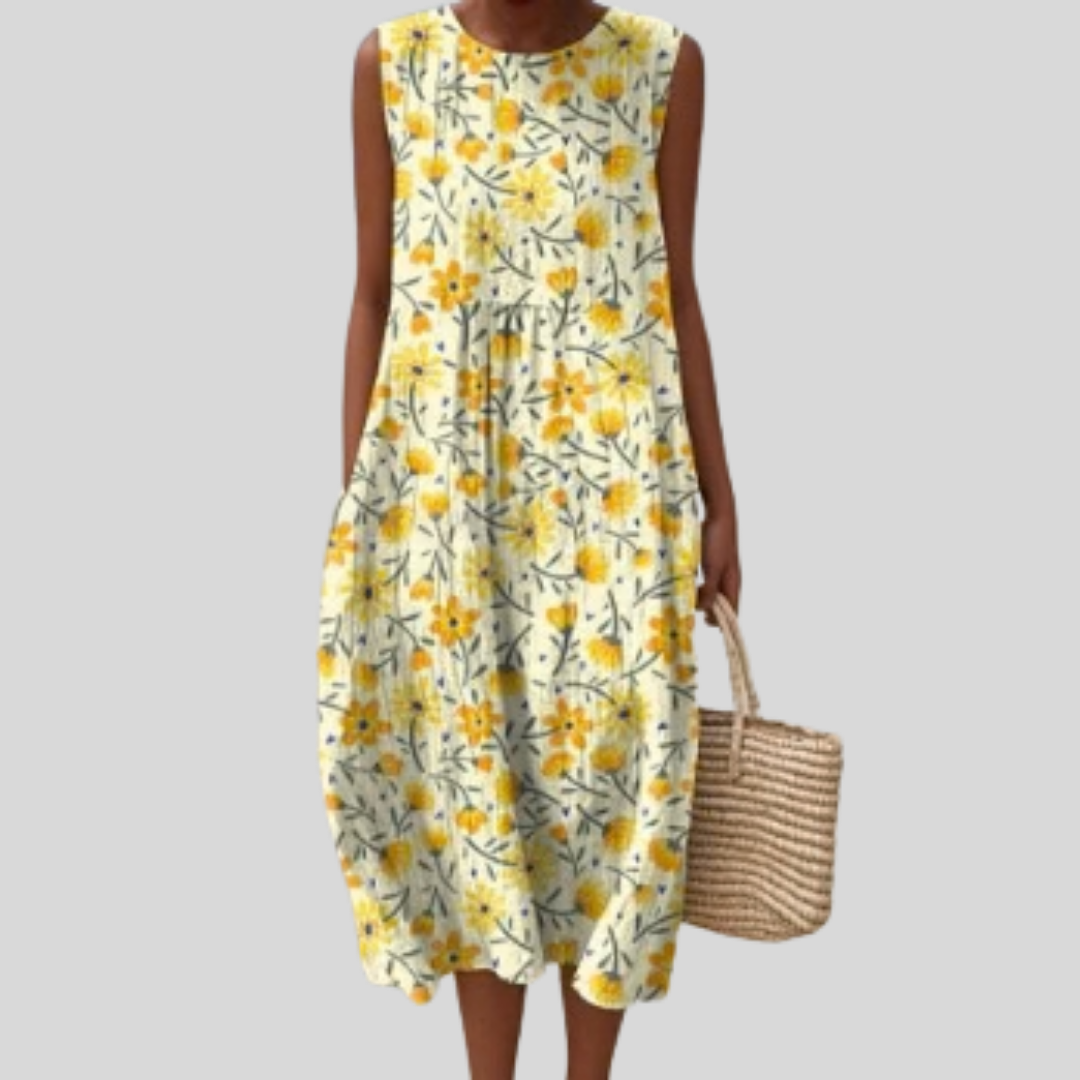 Ärmelloses Kleid mit gelbem Blumenmuster, locker fallend, bis zum Knie