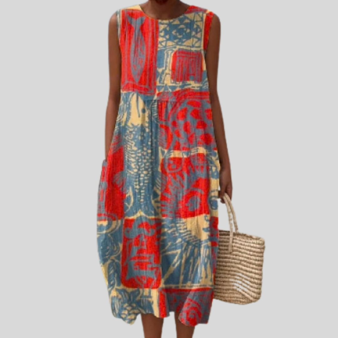 Ärmelloses Kleid mit abstraktem Muster in Rot, Blau und Beige, knielang