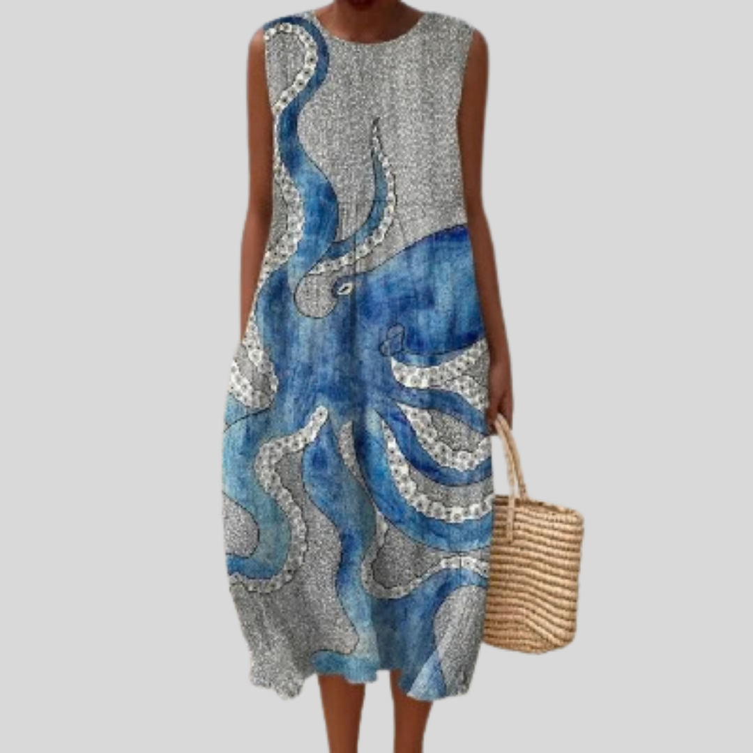 Ärmelloses Kleid mit abstraktem Blau-Grau-Muster, knielang und locker fallend