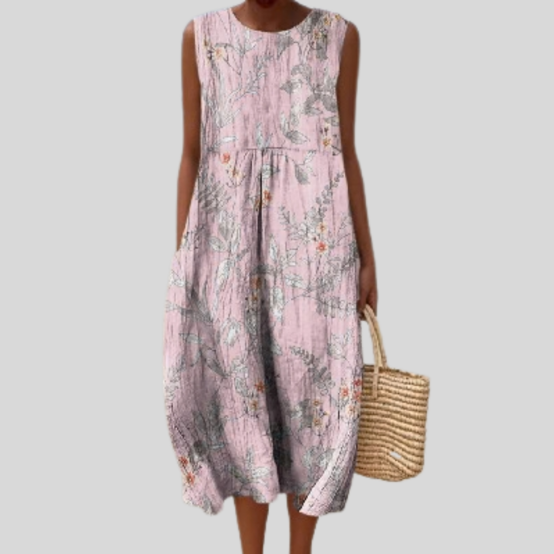 Fließendes ärmelloses Kleid in Flieder mit Blumenmuster, Rundhalsausschnitt und gerafftem Bund
