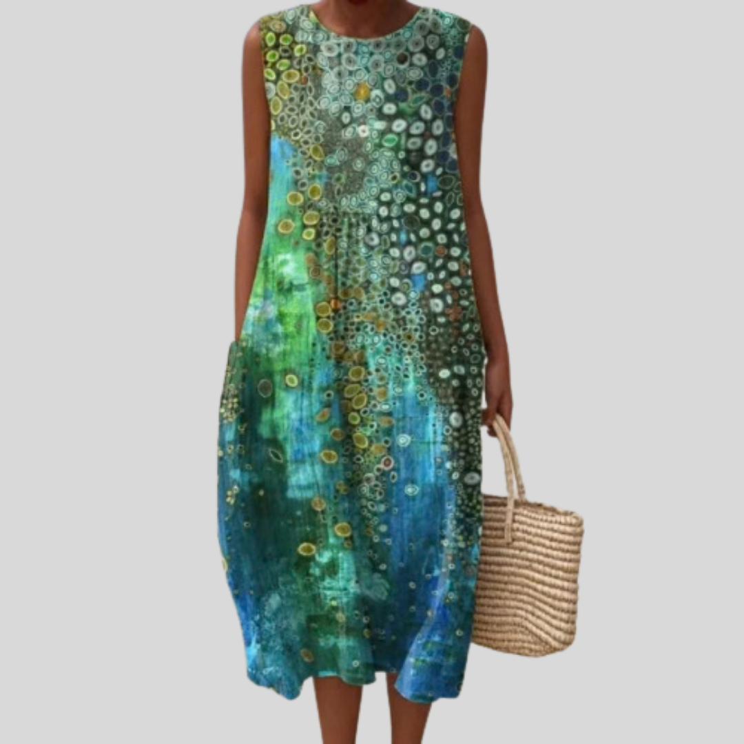 Ärmelloses knielanges Kleid mit Rundhalsausschnitt, blau-grün Kreis-Muster