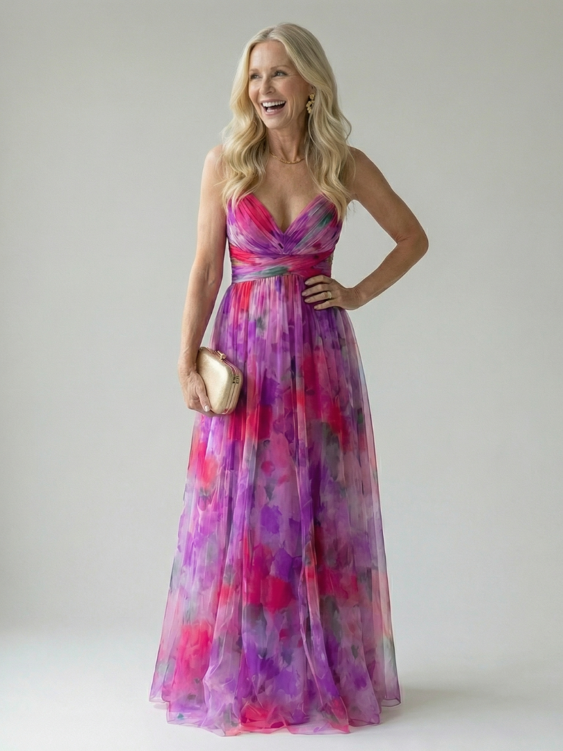 Maxi-Wickelkleid mit pink-violetter Wasserfarben-Optik, V-Ausschnitt und leichtem Rock