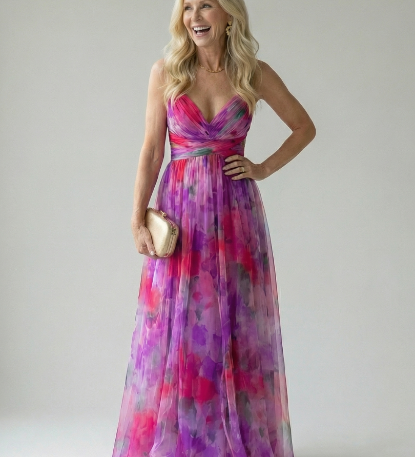 Maxi-Wickelkleid mit pink-violetter Wasserfarben-Optik, V-Ausschnitt und leichtem Rock