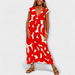Leichtes Kleid mit V-Ausschnitt, ärmellos, rotes Allover-Muster, knielang
