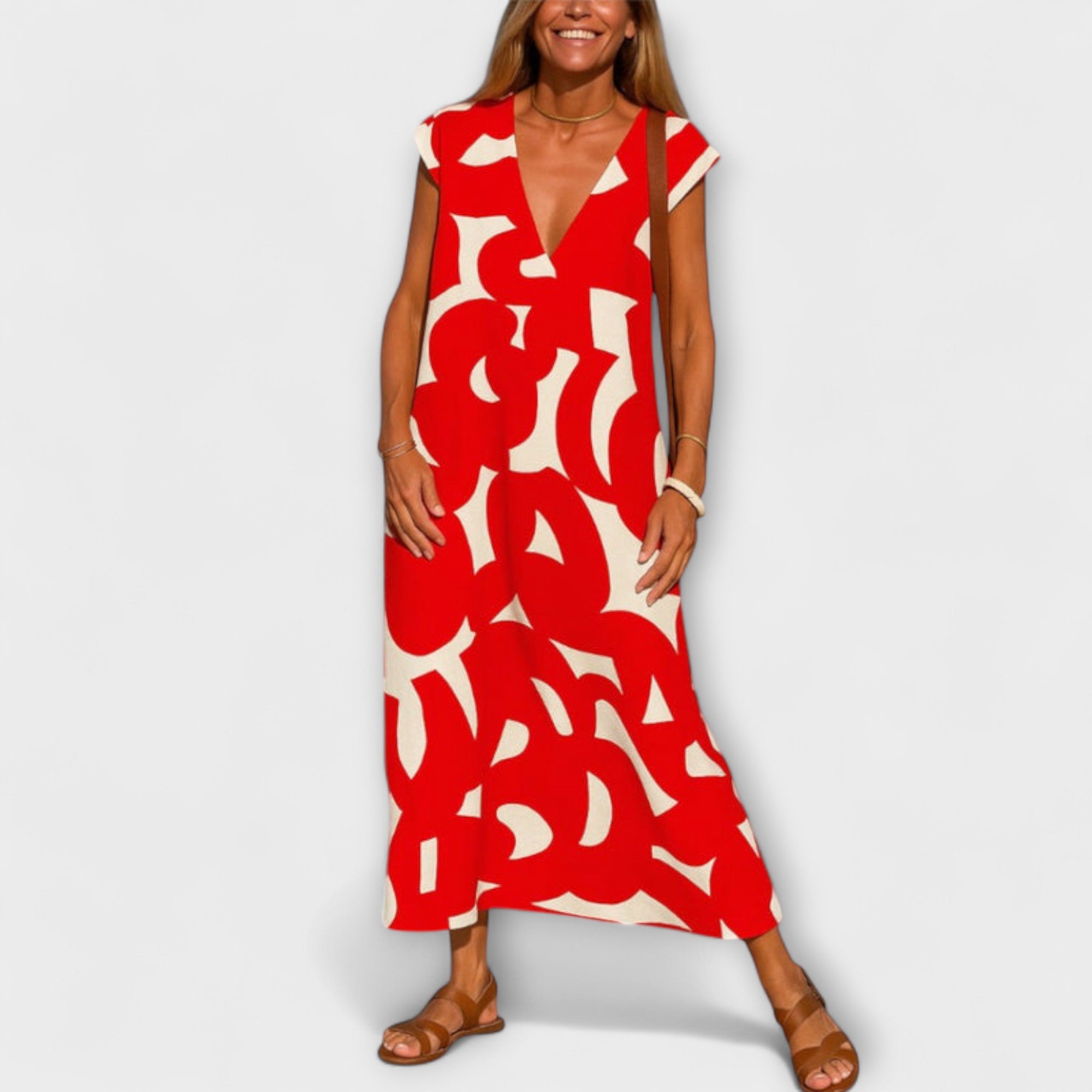 Leichtes Kleid mit V-Ausschnitt, ärmellos, rotes Allover-Muster, knielang