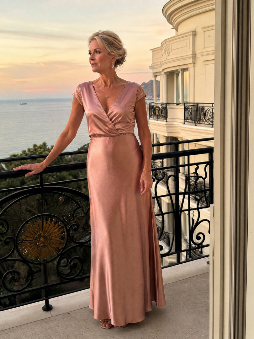 Roségoldfarbenes Maxikleid mit Wickeloberteil und kurzen Ärmeln, schimmernde Satinoberfläche