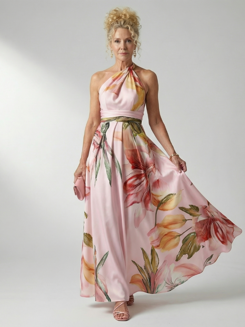 Maxikleid mit Blumenprint, ärmellosem Neckholder und Taillenbindung, zartrosa