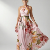 Maxikleid mit Blumenprint, ärmellosem Neckholder und Taillenbindung, zartrosa