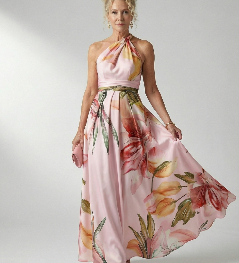 Maxikleid mit Blumenprint, ärmellosem Neckholder und Taillenbindung, zartrosa