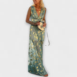 Fließendes Kleid mit V-Ausschnitt, ärmellos, Maxi-Länge; türkis mit goldenen Pailletten-Details
