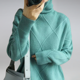 Weicher Pullover mit Stehkragen, Rippenstrick und Rauten-Design, türkis