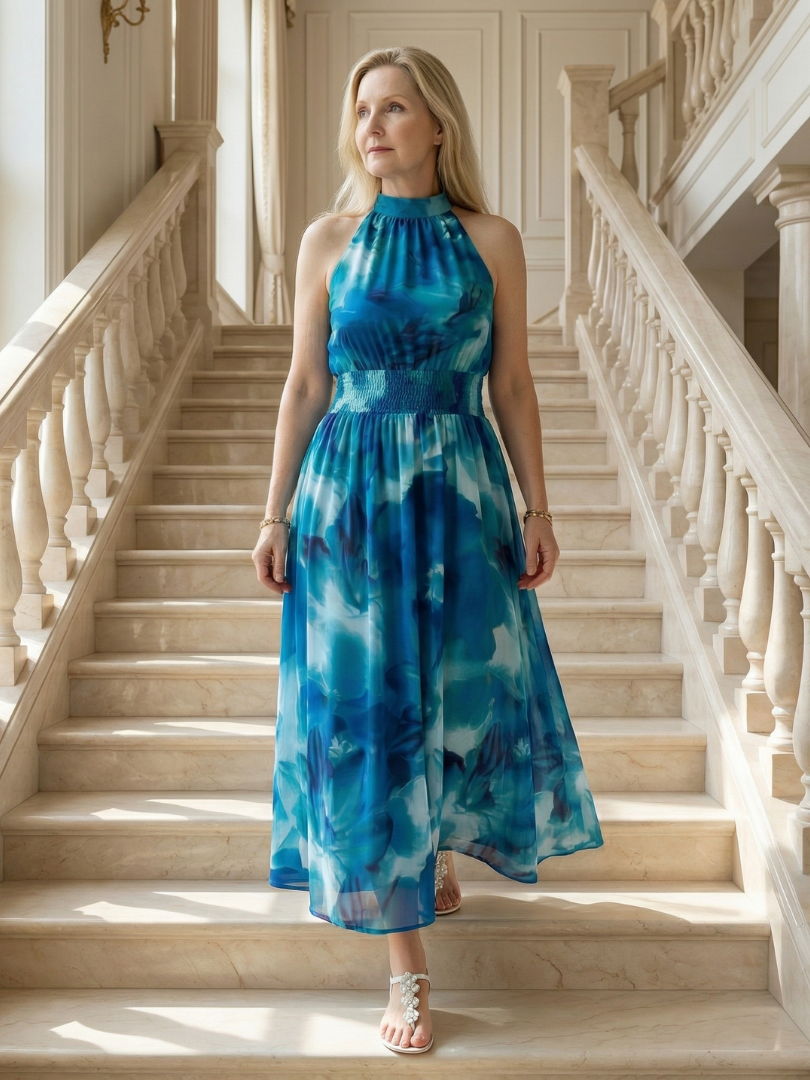 Midi-Kleid mit Neckholder und Raffung, blaues Batikmuster, geraffter Taillenbund