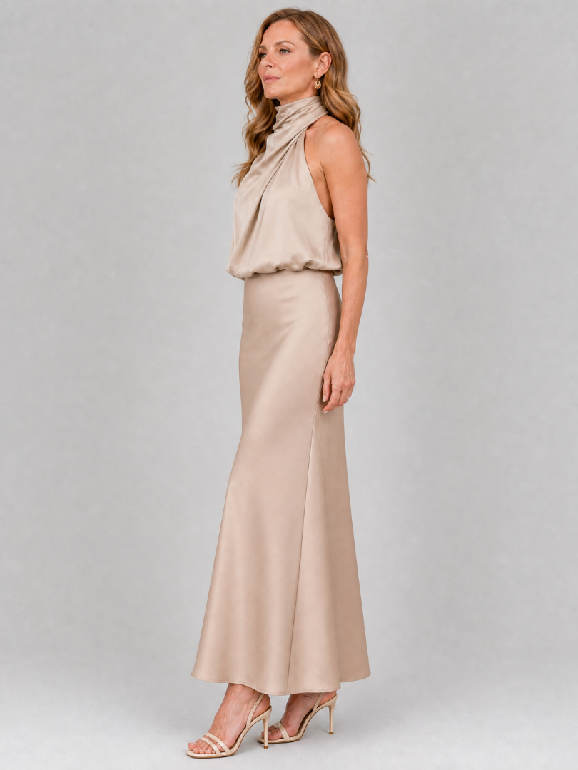 Ärmelloses Midikleid Beige mit drapiertem Stehkragen und körpernaher Passform
