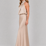 Ärmelloses Midikleid Beige mit drapiertem Stehkragen und körpernaher Passform