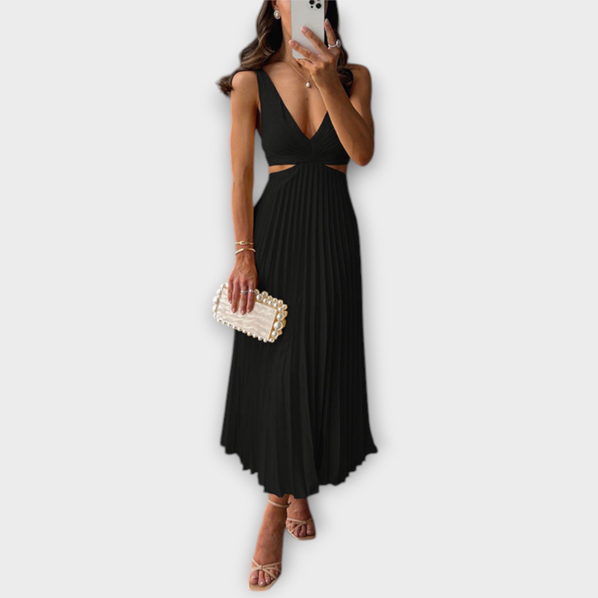 Schwarzes Midi-Abendkleid mit V-Ausschnitt und plissiertem Rock
