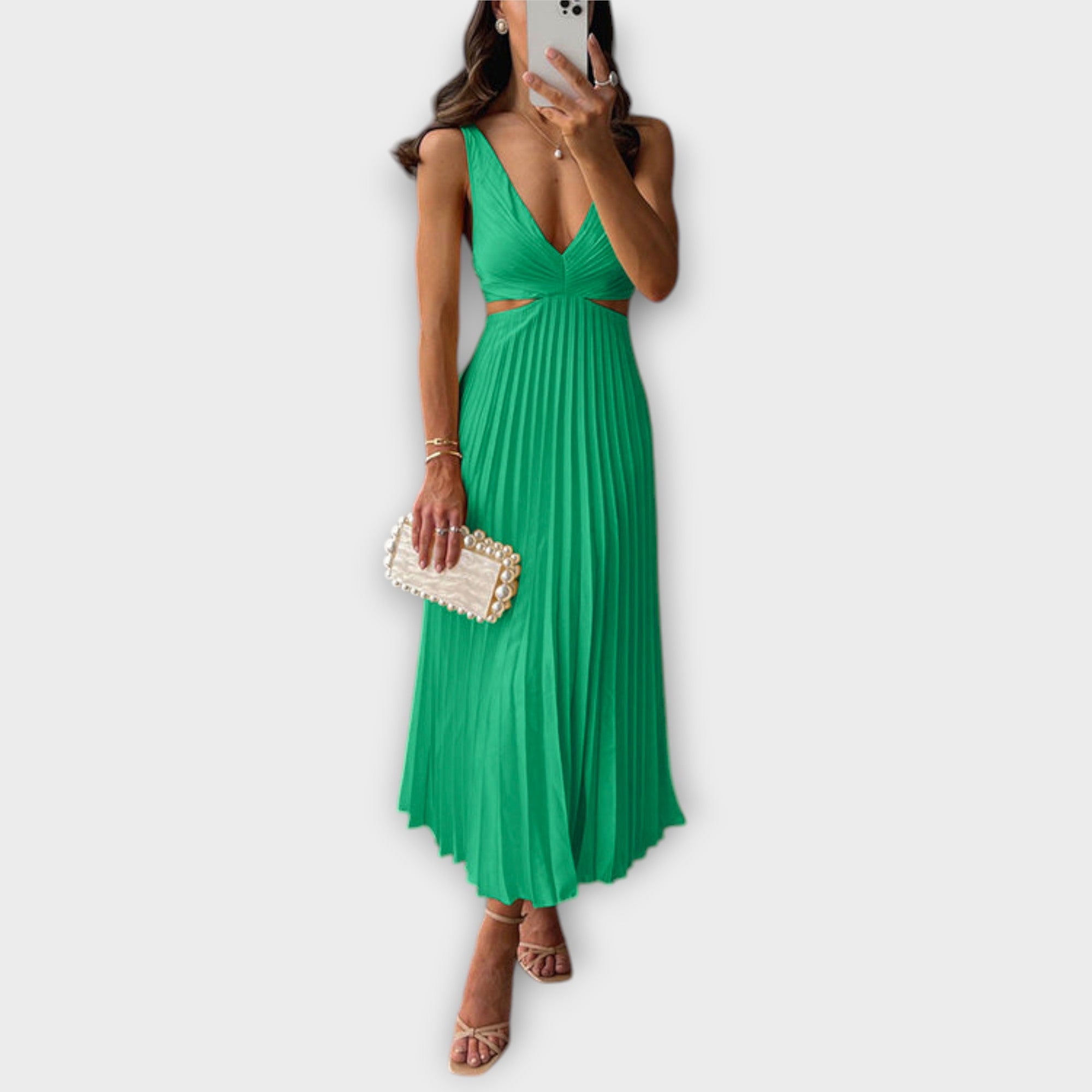 Grünes Midi-Abendkleid mit V-Ausschnitt und plissiertem Rock
