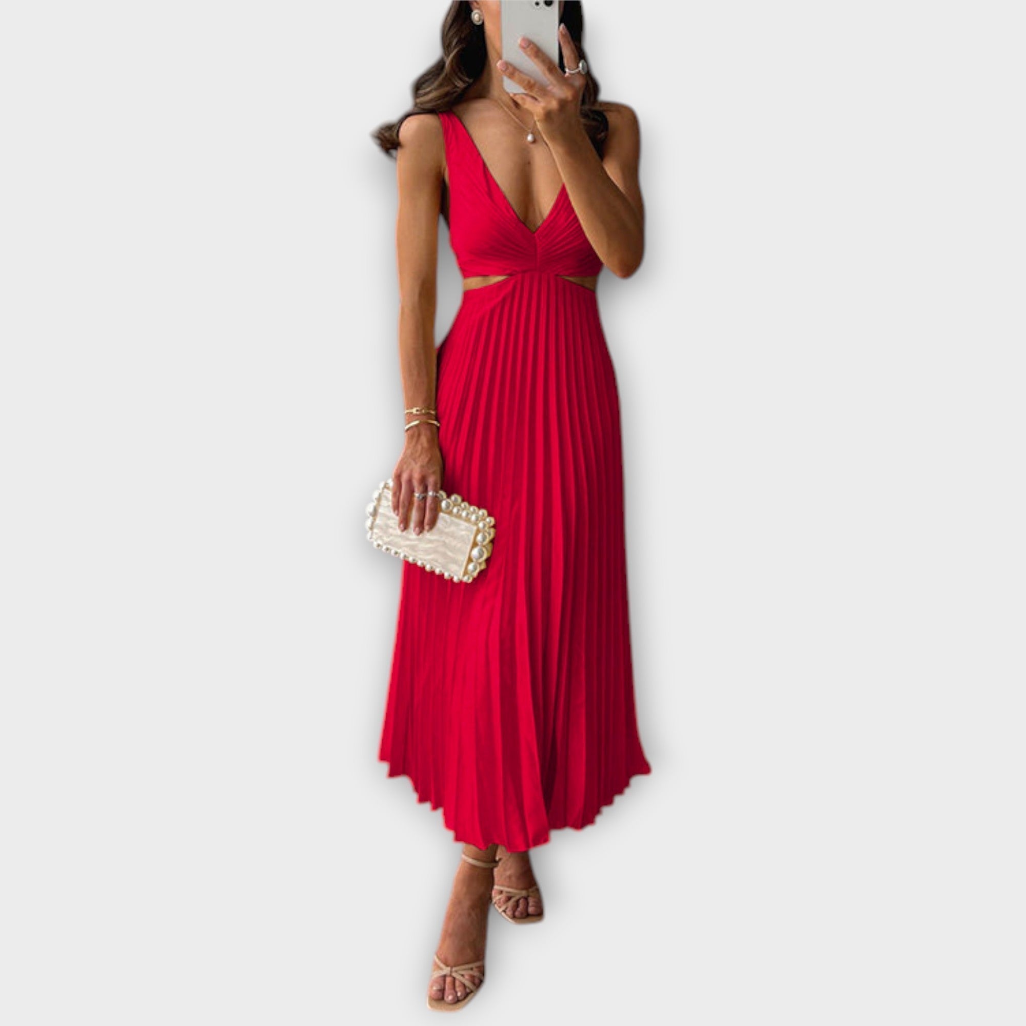 Rotes Midi-Abendkleid mit V-Ausschnitt und plissiertem plissiertem Rock