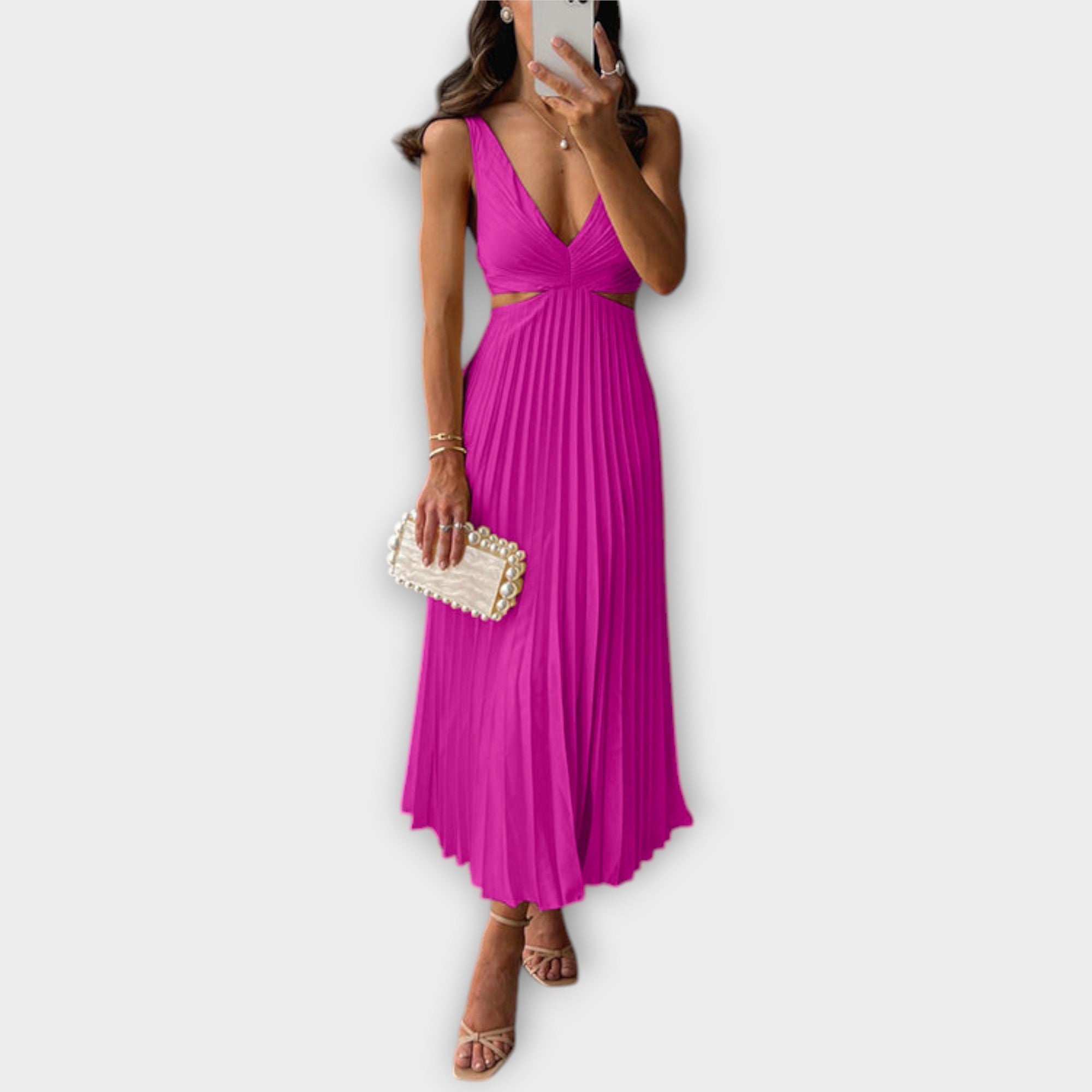 Rosa Midi-Abendkleid mit V-Ausschnitt und plissiertem Rock