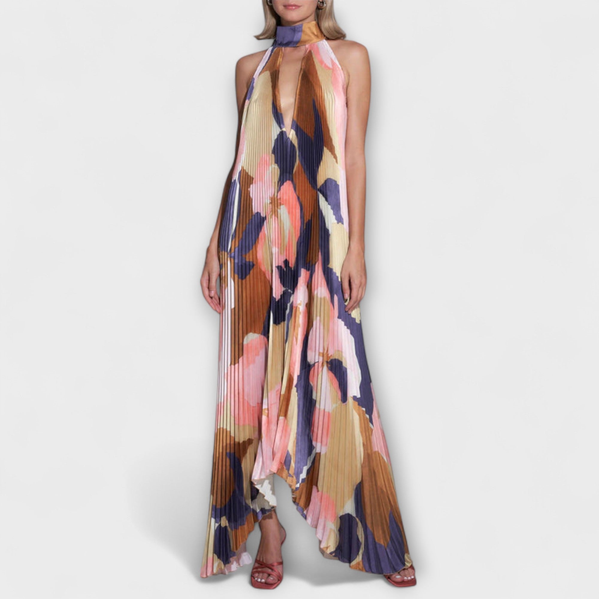 Midikleid mit Neckholder und rückenfreier Trägerpartie, plissiert, bunt gemustert