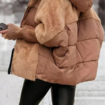 OLIVIA Winterjacke beige mit Fellkragen und wattierter Steppung, gefütterter Kapuze