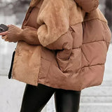 OLIVIA Winterjacke beige mit Fellkragen und wattierter Steppung, gefütterter Kapuze