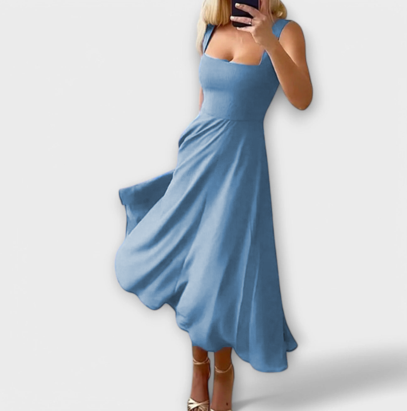 Ärmelloses Kleid, blau, tailliert, ausgestellter Rock, Midi