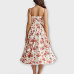Blumiges Sommerkleid (Rosenprint) mit Korsett-Top, Spaghettiträgern und ausgestelltem Midi-Rock