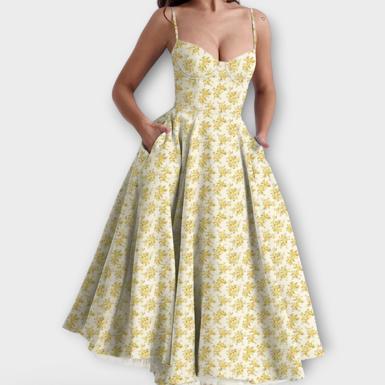 Gelb-weißes Sommerkleid mit floralem Muster, Korsett-Top, Spaghettiträgern und weitem Rock