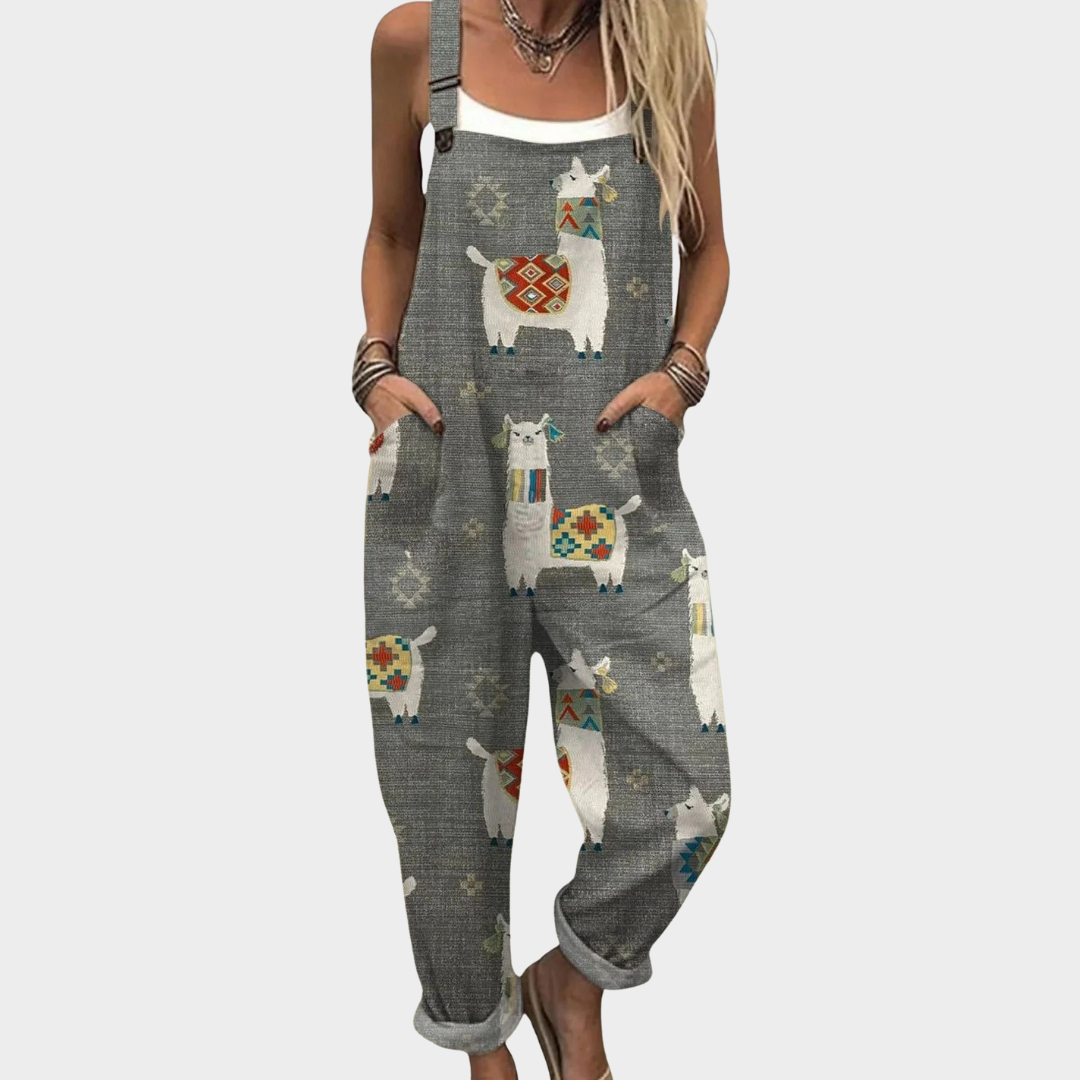 Bequemer bedruckter Overall in Grau mit Katzenmotiv und Trägern