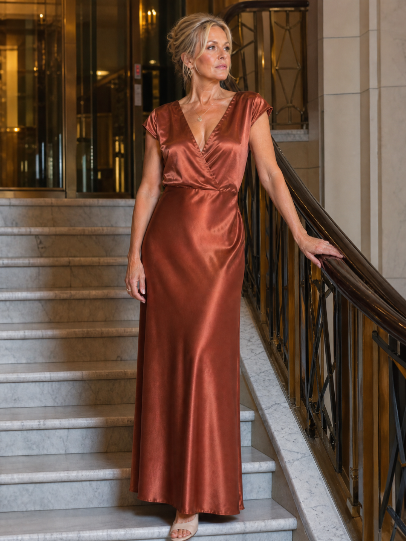 Glänzendes Maxikleid mit Wickeloberteil und kurzen Ärmeln, Roségold