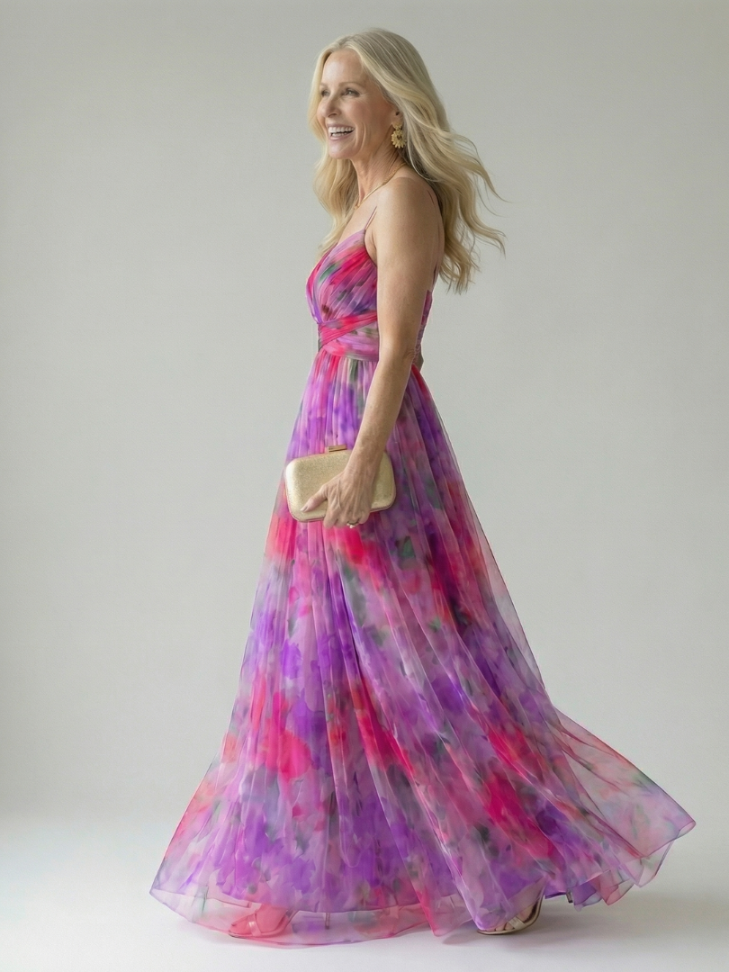 Maxi-Wickelkleid in pink-violettem Farbverlauf, schwingender Rock mit transparenten Lagen