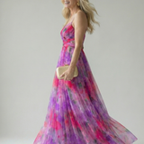 Maxi-Wickelkleid in pink-violettem Farbverlauf, schwingender Rock mit transparenten Lagen