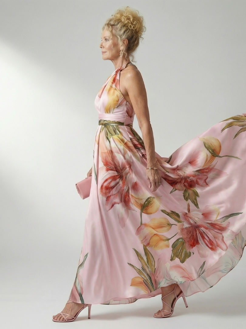 Maxikleid mit Blumenprint, Neckholder, fließender Rock und Taillenband, zartrosa