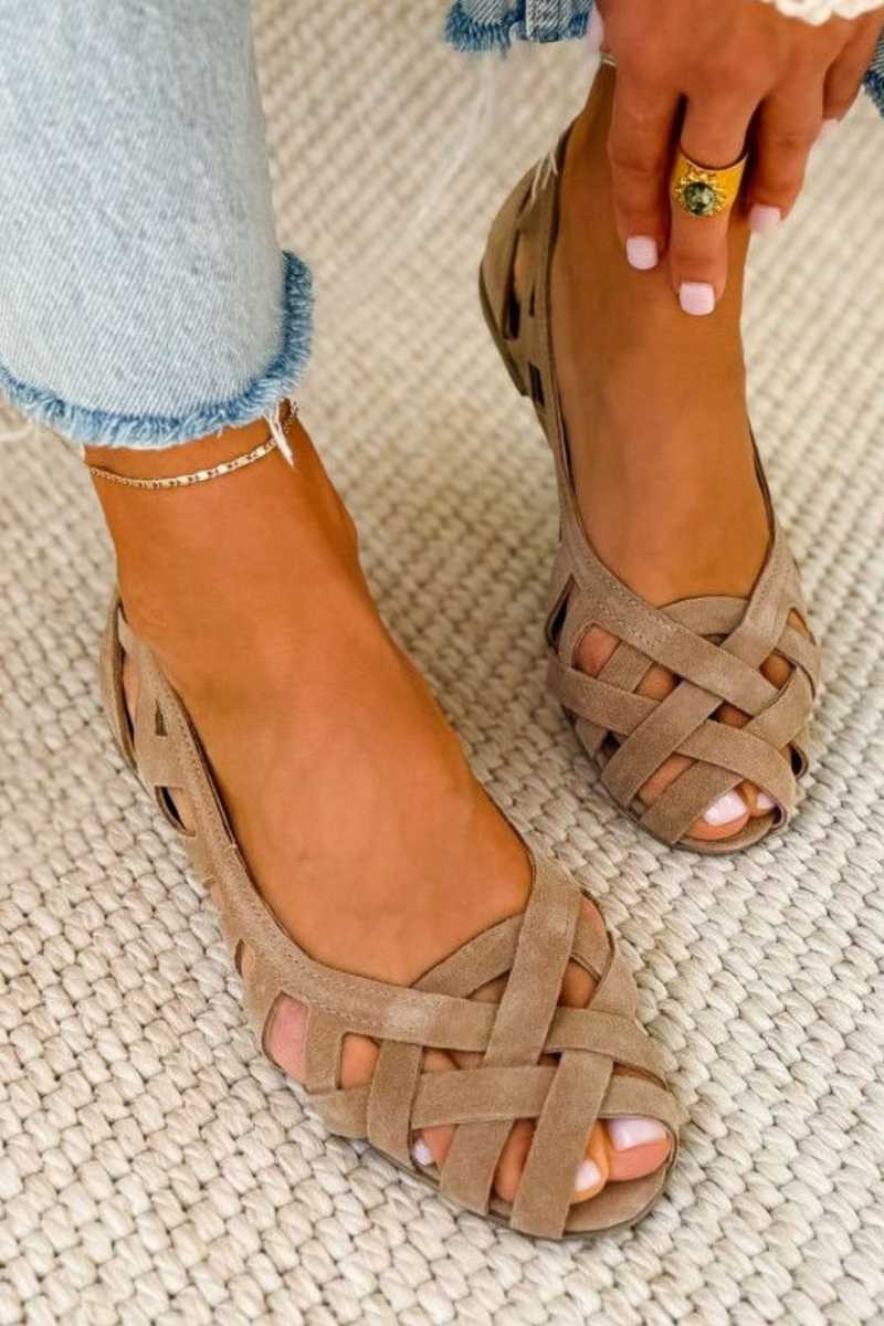 Emma geflochtene Sandalen Taupe, offene Zehen, Riemchengeflecht über dem Fuß