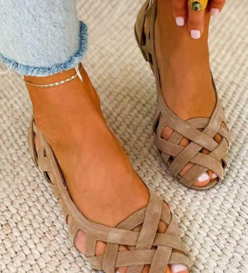 Emma geflochtene Sandalen Taupe, offene Zehen, Riemchengeflecht über dem Fuß
