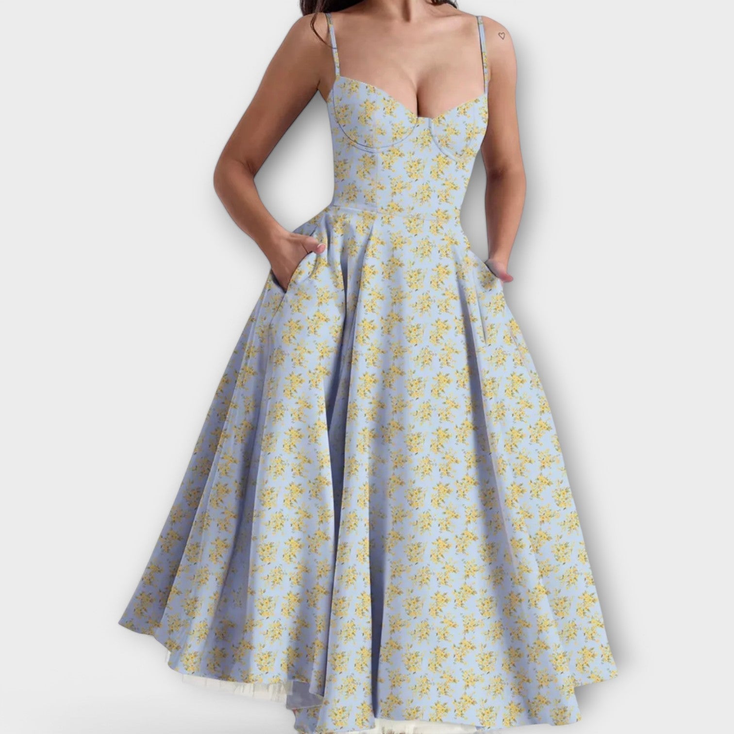 Hellblau-gelbes Sommerkleid mit Blumenmuster, Korsett-Top, Spaghettiträgern und weitem Rock