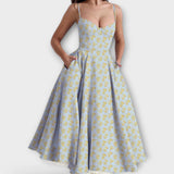Hellblau-gelbes Sommerkleid mit Blumenmuster, Korsett-Top, Spaghettiträgern und weitem Rock
