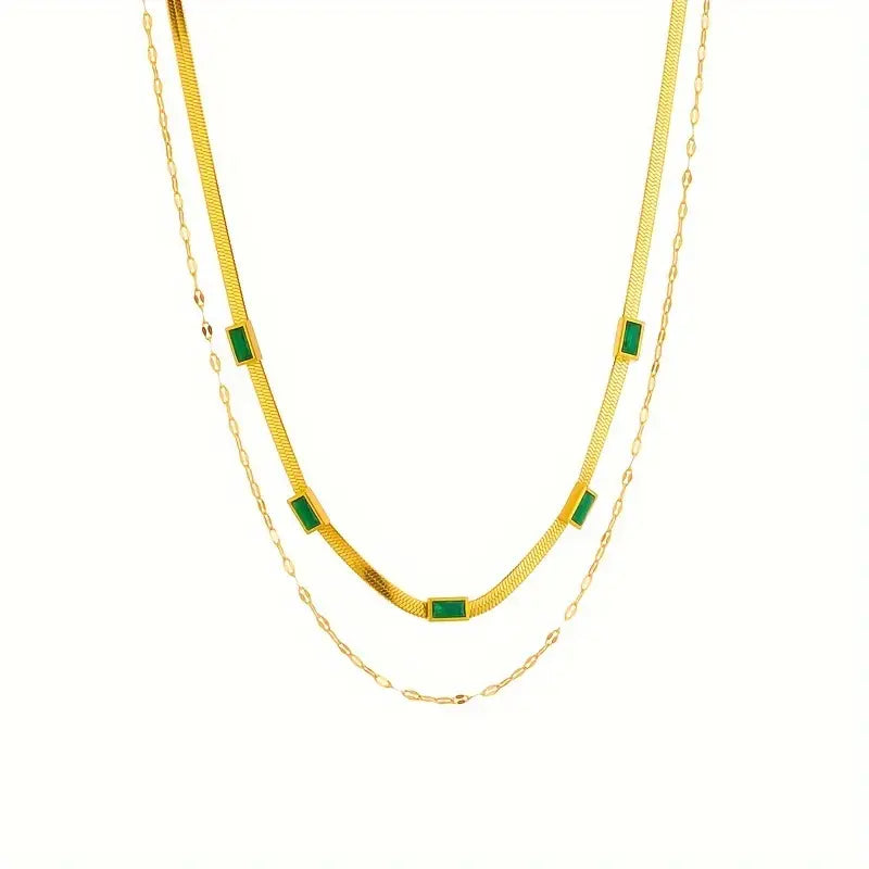 Sorella Gem goldene Doppel-Schicht-Halskette mit grünen Rechteck-Elementen