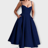 Dunkelblaues Sommerkleid mit Korsett-Top, Spaghettiträgern und weitem, ausgestelltem Rock