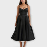 Schwarzes leichtes Sommerkleid mit Korsett-Top, Spaghettiträgern und weitem Rock